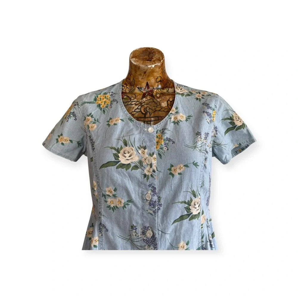 Lizwear dress long blue yellow floral short sleeve button front tie back - Picture 2 of 11